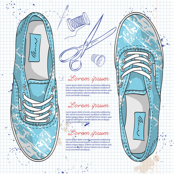Vector hand drawn color sketch, womens sneakers with a blotch pattern on a notebook page - Vettoriali, immagini