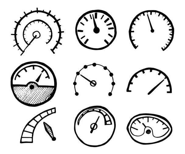 Collection of Hand Drawn Speedometer Icons Isolated on White Bac - Вектор,изображение