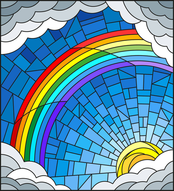 Ilustração em estilo vitral sol, arco-íris e nuvens no fundo do céu azul
 - Vetor, Imagem