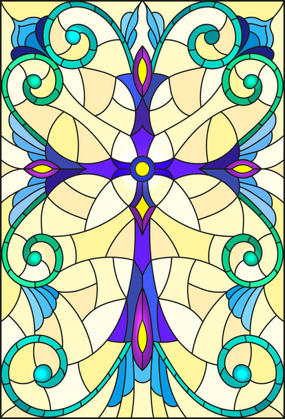Illustration in stained glass style with a purple cross on a yellow background with patterns and swirls - Vector, Image