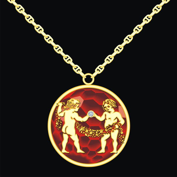 Ruby medallion on a chain with a gemini - Vector, Image