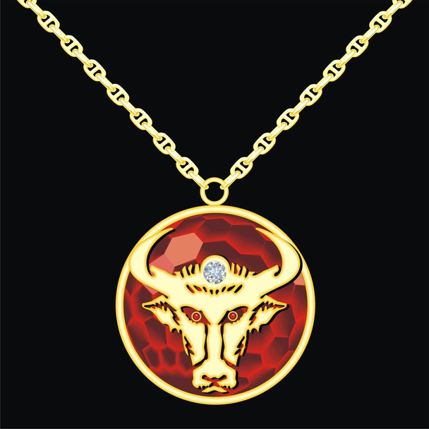 Ruby medallion on a chain with a taurus - Vector, Image