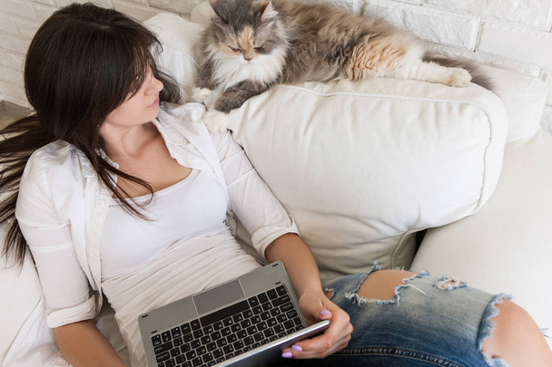 Young woman has rest with her cat - Photo, image