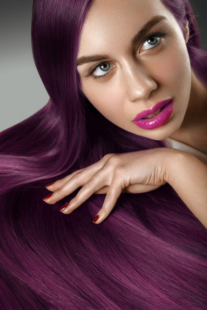 girl with beautiful long purple hair - 写真・画像