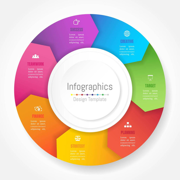 Infographic σχεδιαστικά στοιχεία για τα επαγγελματικά δεδομένα με 7 επιλογές, τμήματα, βήματα, χρονοδιαγράμματα ή διαδικασίες, στυλ βέλους τροχό κύκλο. Εικονογράφηση διάνυσμα. - Διάνυσμα, εικόνα