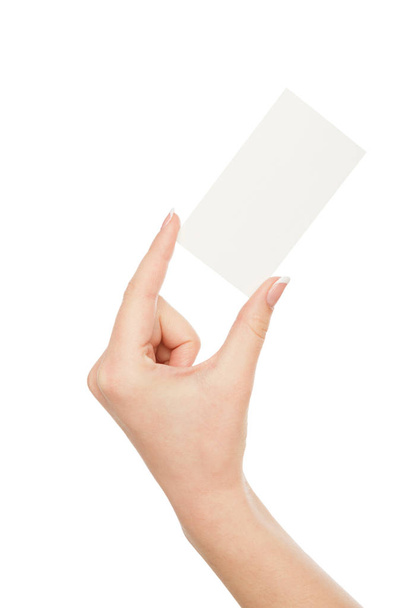 Kadının kısa mesaj için boş kart tutan el, kırpma, kes şunu - Fotoğraf, Görsel