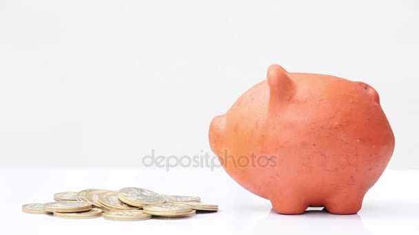 Vrouw, geld te besparen in een traditionele klei piggy bank - Video