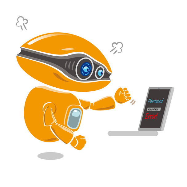Pomarańczowy robot się niecierpliwić o kłopoty z komunikat o błędzie na ekranie laptopa - Wektor, obraz