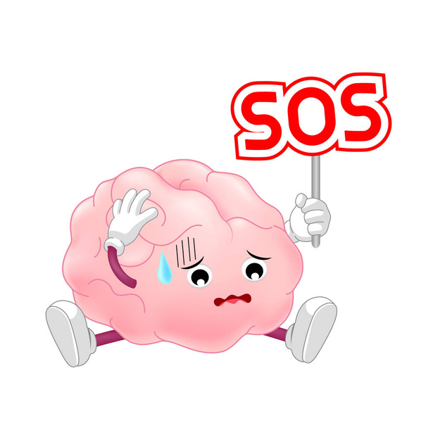 Personaje cerebral humano sosteniendo signo SOS
.  - Vector, Imagen