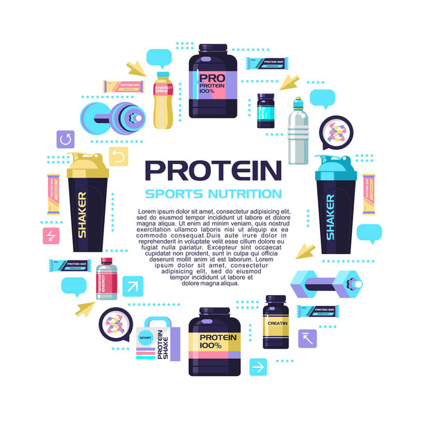 Protéines, nutrition sportive, eau, shaker, haltère, boissons énergisantes. Ensemble d'éléments de conception disposés en cercle
.  - Vecteur, image