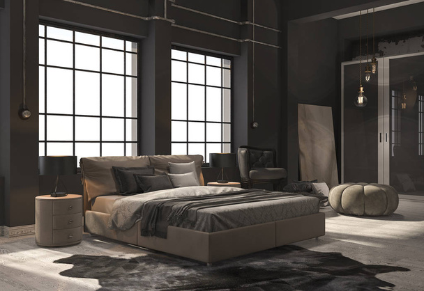 3D rendering woonkamer met sofa in de buurt van winters tafereel buiten raam - Foto, afbeelding