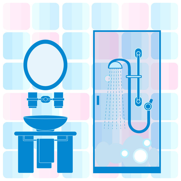 Cute vector illustration of bathroom interior design: shower cab - Vector, Imagen