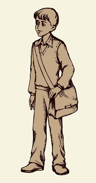 Boy with bag. Vector drawing - Vektör, Görsel