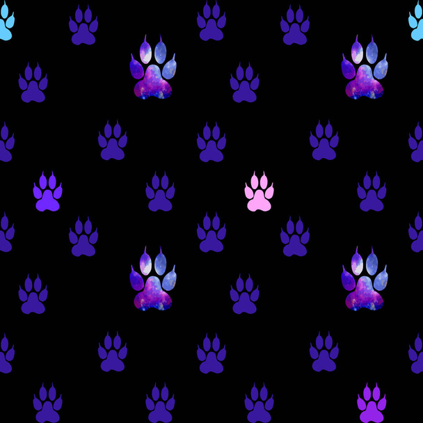 Seamless pattern with blue, pink and purple paws on a black back - Vettoriali, immagini