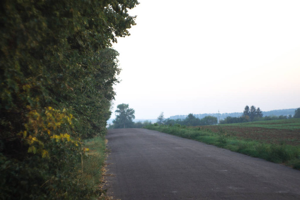 Paesaggio mattutino vicino alla strada sullo sfondo del villaggio
. - Foto, immagini