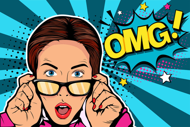 Wow pop art face. Sexy surprised young caucasian woman with open mouthin glasses and Wow speech bubble. Vector colorful background in pop art retro comic style.  - Vector, Image