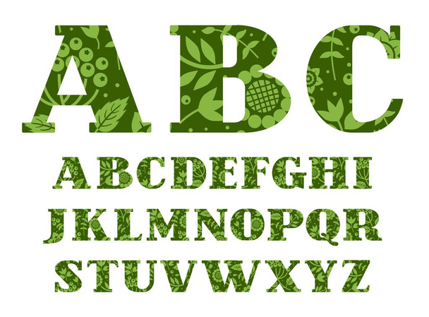 English alphabet, berries and herbs, dark green, vector.  - ベクター画像