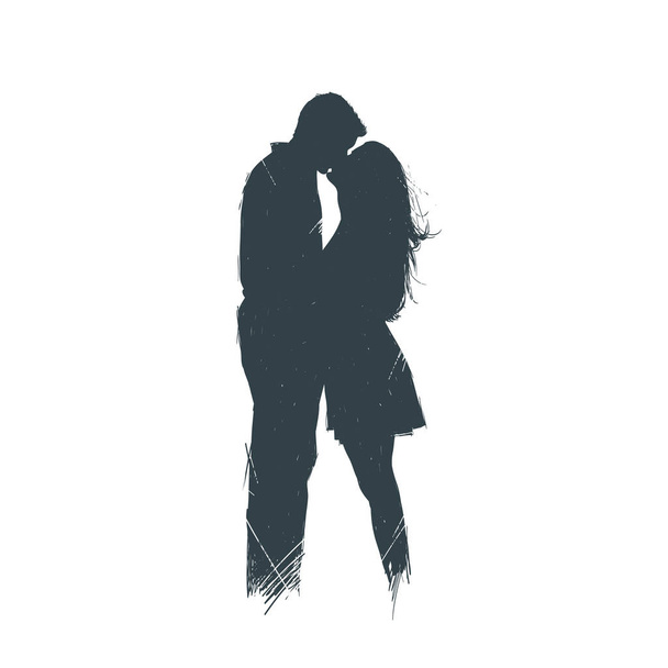 Man and a woman with long hair stand and kiss. Silhouette. A sketch. Handmade - Vettoriali, immagini