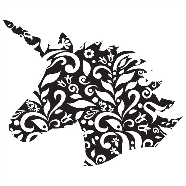 Forma monocromática, silueta del unicornio mágico sobre fondo blanco y negro con elementos florales inspirados en bordados
 - Vector, Imagen