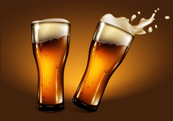 Two glasses of beer with foam and a splash effect. Highly realis - Διάνυσμα, εικόνα