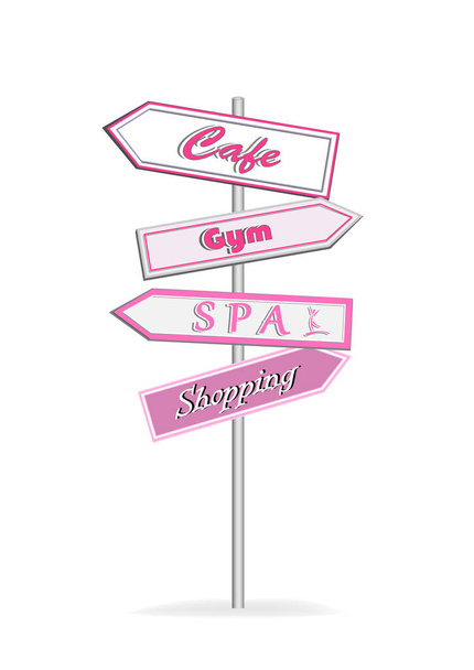 rosa Straßenschilder Cafe Fitness Spa Shopping isoliert auf weißem Hintergrund - Vektor, Bild