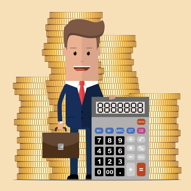 Un homme d'affaires prospère ou un comptable avec une calculatrice et une pile d'argent. Illustration vectorielle
 - Vecteur, image