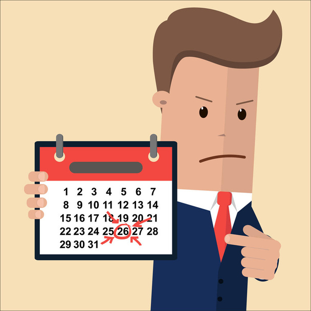 Vihainen liikemies, jolla on kalenteri, joka osoittaa tiettyyn päivämäärään. Mene töihin ajoissa. Kalenteri, jossa on merkki erillisessä kerroksessa
 - Vektori, kuva
