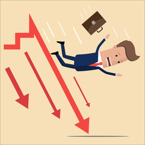 Arrow graph going down and businessman is falling down. Crisis concept . vector illustration - Vector, Image