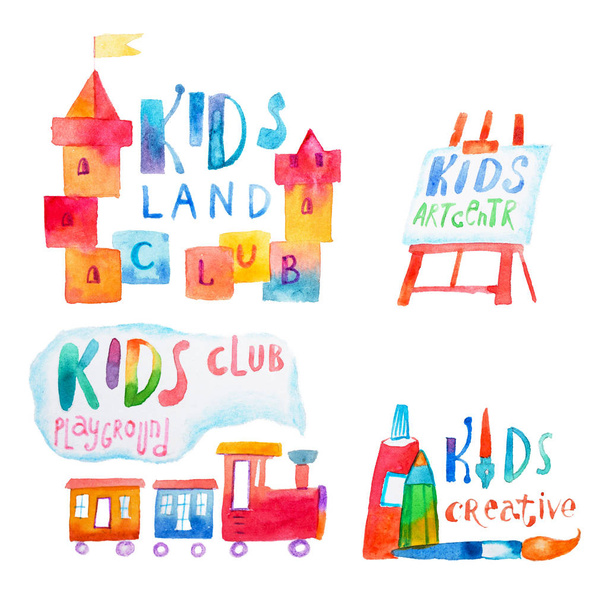 Set of watercolor promo signs with letterings for kids club - Photo, Image