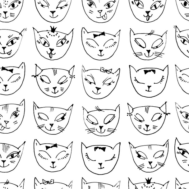 Muster mit handgezeichneten Katzenköpfen. Skizzenhafte Hintergründe. nahtlose Hand durch dünnen Liner Hintergrund gezeichnet. - Vektor, Bild