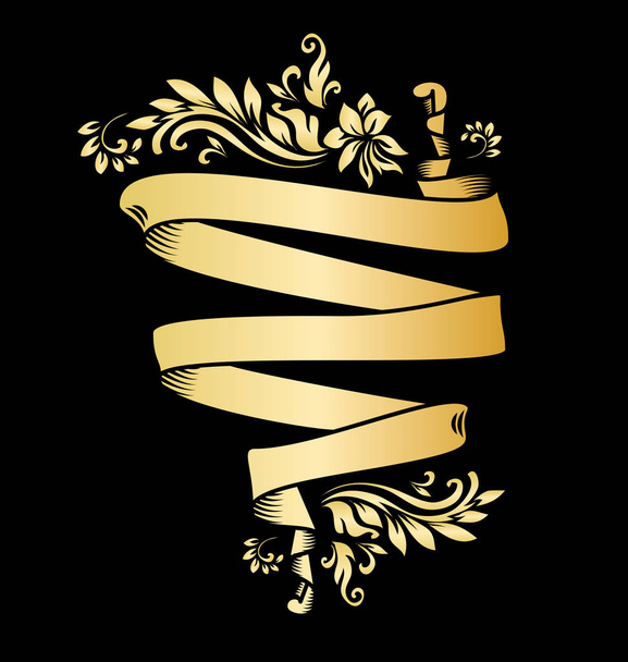 Gold vintage ribbon banner with leaves  - Vector, Image