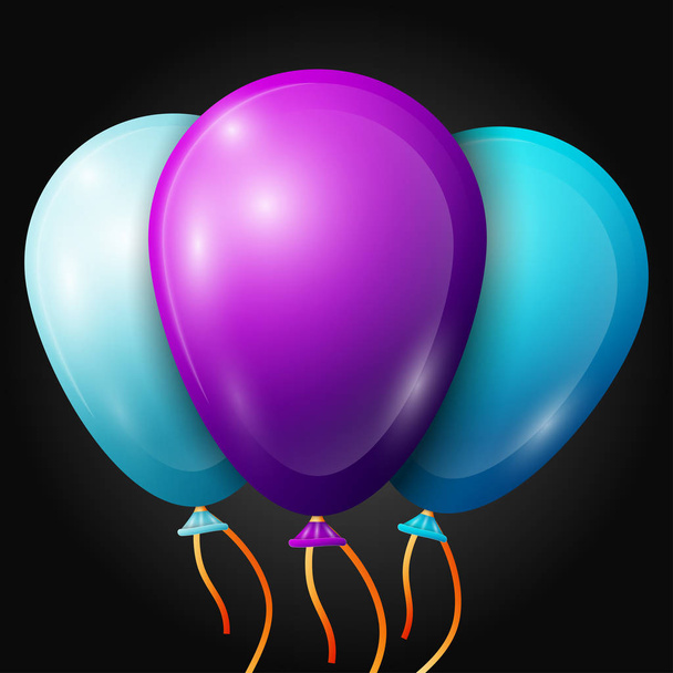 Ρεαλιστική μωβ, μπλε μπαλόνια με κορδέλες που απομονώνονται σε μαύρο φόντο. Εικονογράφηση διάνυσμα λαμπερά πολύχρωμα μπαλόνια γυαλιστερό - Διάνυσμα, εικόνα