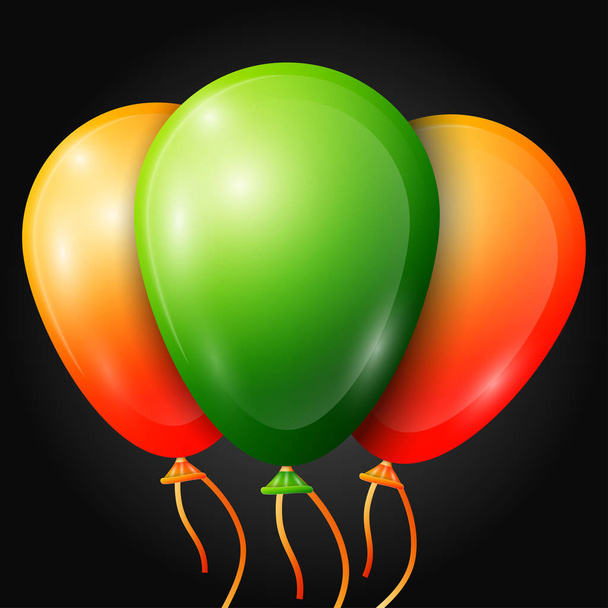 Realistic green, orange balloons with ribbons isolated on black background. Vector illustration of shiny colorful glossy balloons - Vector, Image