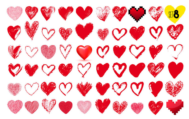 Un gran conjunto de corazones dibujados a mano. Color rojo. Dibujo a mano alzada. Ilustración vectorial. Aislado sobre fondo blanco
 - Vector, Imagen