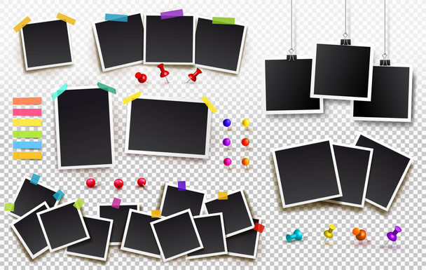 Set of square vector photo frames on sticky tape, pins and rivets. Template photo design. Vector illustration. Isolated on transparent background - Vector, Image