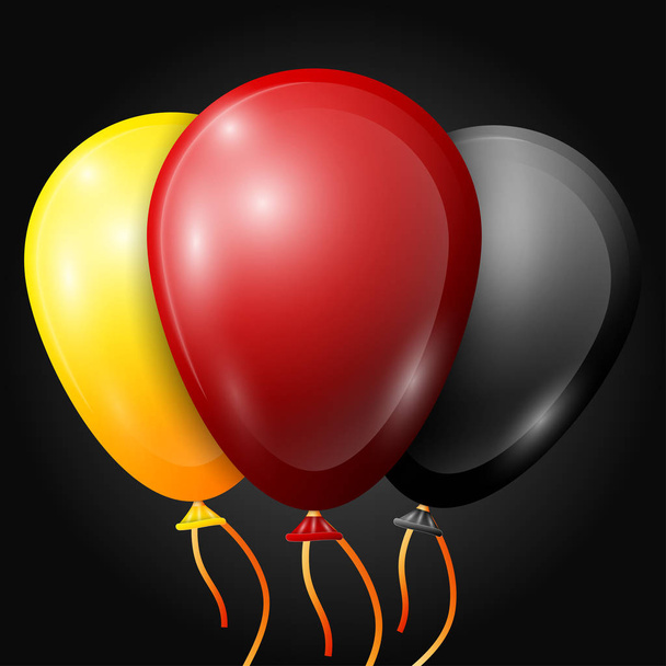 Реалистичные жёлтые, красные, чёрные шарики с лентами изолированы на чёрном фоне. Векторная иллюстрация блестящих красочных глянцевых воздушных шаров
 - Вектор,изображение