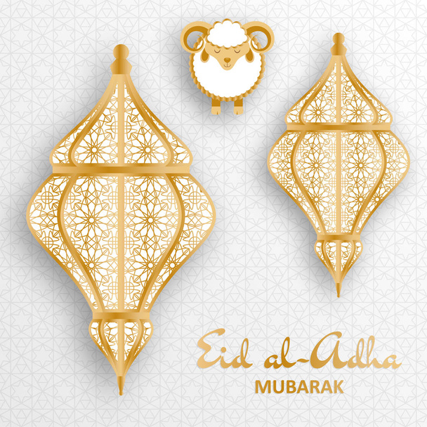 Eid Al Adha Antecedentes. Lanterna árabe islâmica e ovelhas. Cartão de saudação
 - Vetor, Imagem