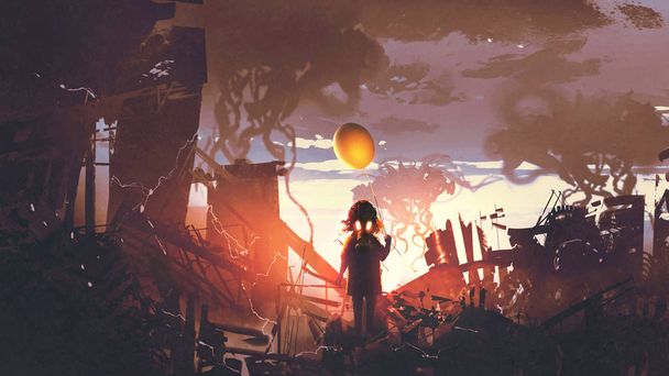 menina com máscara de gás segurando balão em pé no apocalipse cit
 - Foto, Imagem