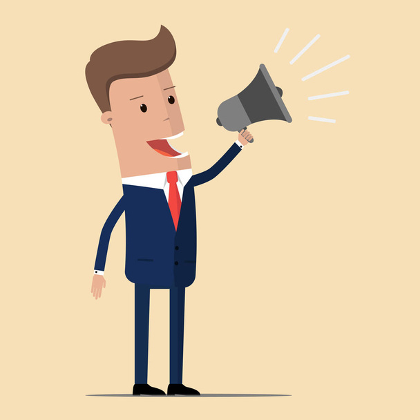 Boss or businessman holding a megaphone, happy manager shouting through a loudspeaker. Promotion business illustration. - Vector, Image