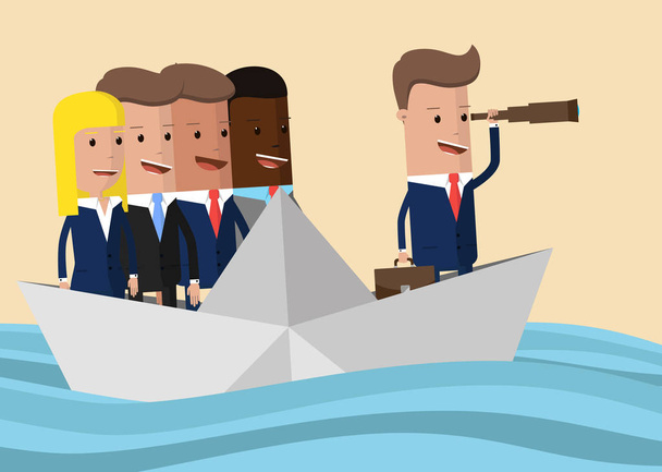 gente de negocios flotando en las olas en un barco de papel, equipo en un barco de papel en alta mar, trabajo en equipo concepto de negocio y riesgo
 - Vector, Imagen