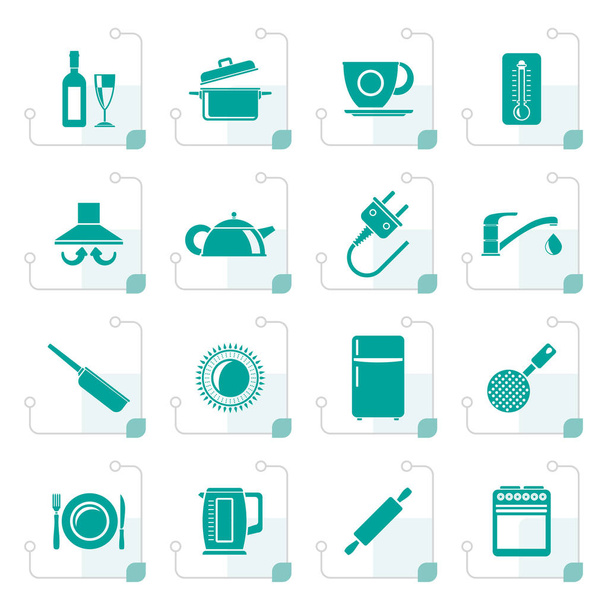 De pictogrammen van gestileerde keuken-objecten en accessoires - Vector, afbeelding