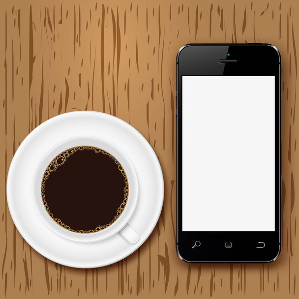 Telefono cellulare con schermo bianco e tazza di caffè sulla scrivania in legno
 - Vettoriali, immagini