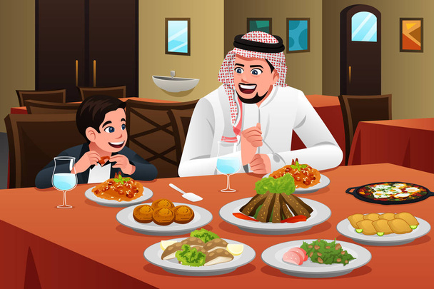 Homem árabe muçulmano comendo com seu filho
 - Vetor, Imagem