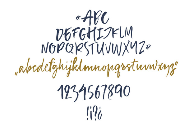 Handwritten script font. Brush font. Uppercase, numbers, punctuation  - Vector, Image