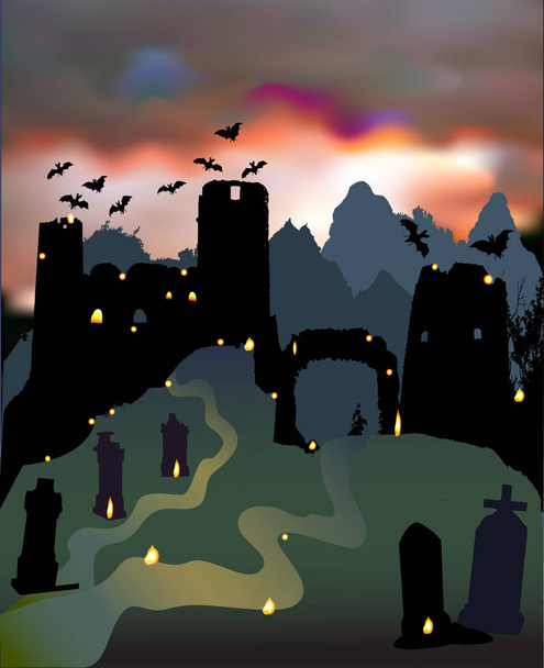 Тёмный пугающий пейзаж Хэллоуина с руинами замка, ворот, кладбища, летучих мышей и драматического неба
 - Вектор,изображение