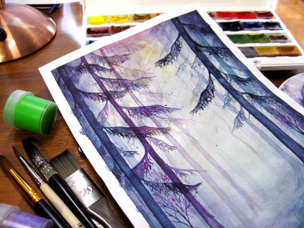 Watercolor creative art drawing magic forest wood nature gouache paint pot brush paintbrush photo - Photo, Image