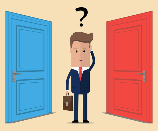 Businessman and two doors, doubtful. Choice concept. Vector illustration - Vector, Image