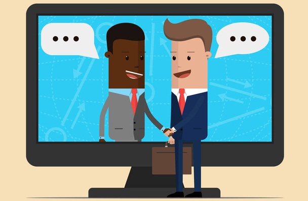 Business dealing. Handshake business through the screen. Businessmen negotiation. Telecommunication. Business cartoon concept. Vector illustrations - Vector, Image