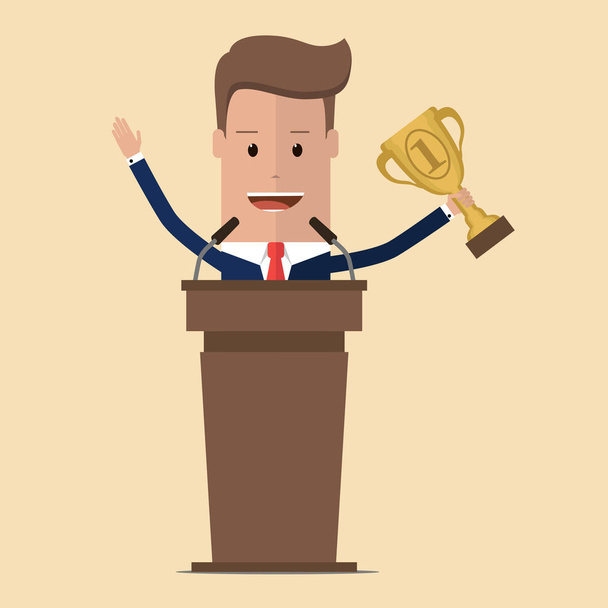 Zakenman aan het tribune met microfoons een toespraak en winnaar gouden beker over hoofd met zijn hand te houden. Ondernemer prestatie concept. Vectorillustratie - Vector, afbeelding