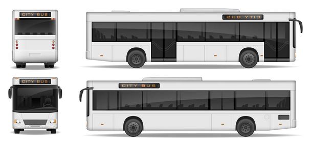 Реалістичний міський автобус шаблон ізольовані на білому тлі. Пасажир міського транспорту для рекламного дизайну. Пасажирський автобус макет стороні, передній і заднього виду. Векторні ілюстрації. - Вектор, зображення